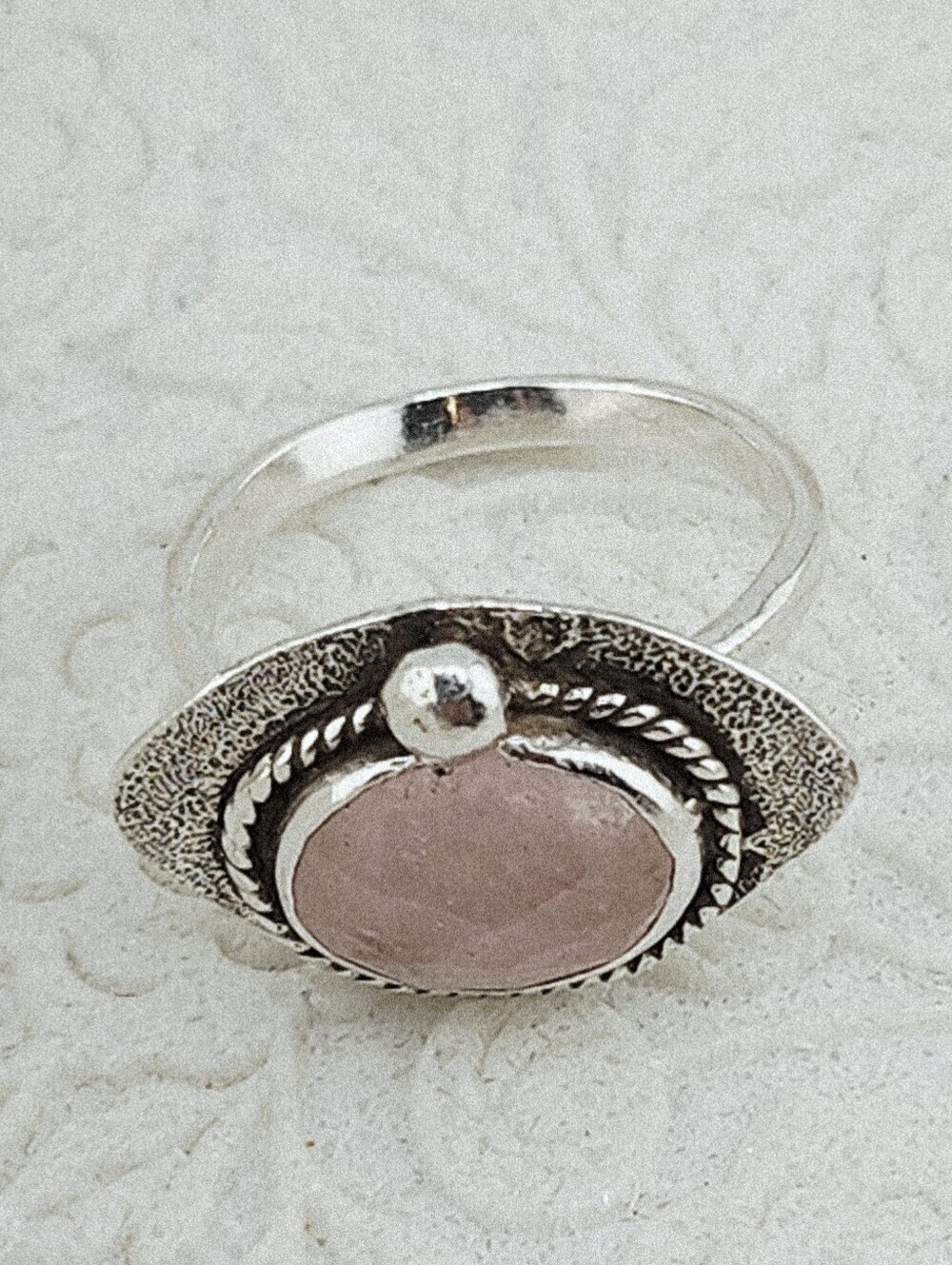 ROSE QUARTZ CRYSTAL  HANDMADE RING IN RECYCLED STERLING SILVER SZ 6.75